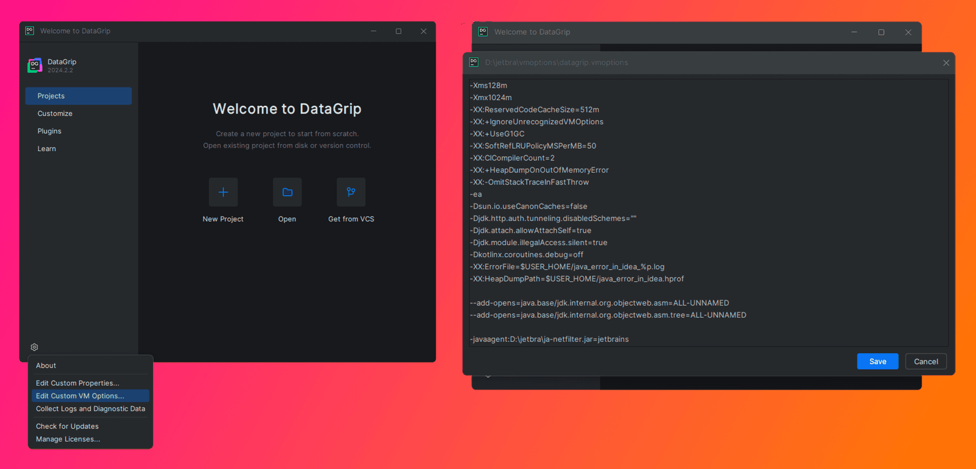 Путь к файлу VM Options в IDE от JetBrains. Содержание конфигурационного файла VM Options.