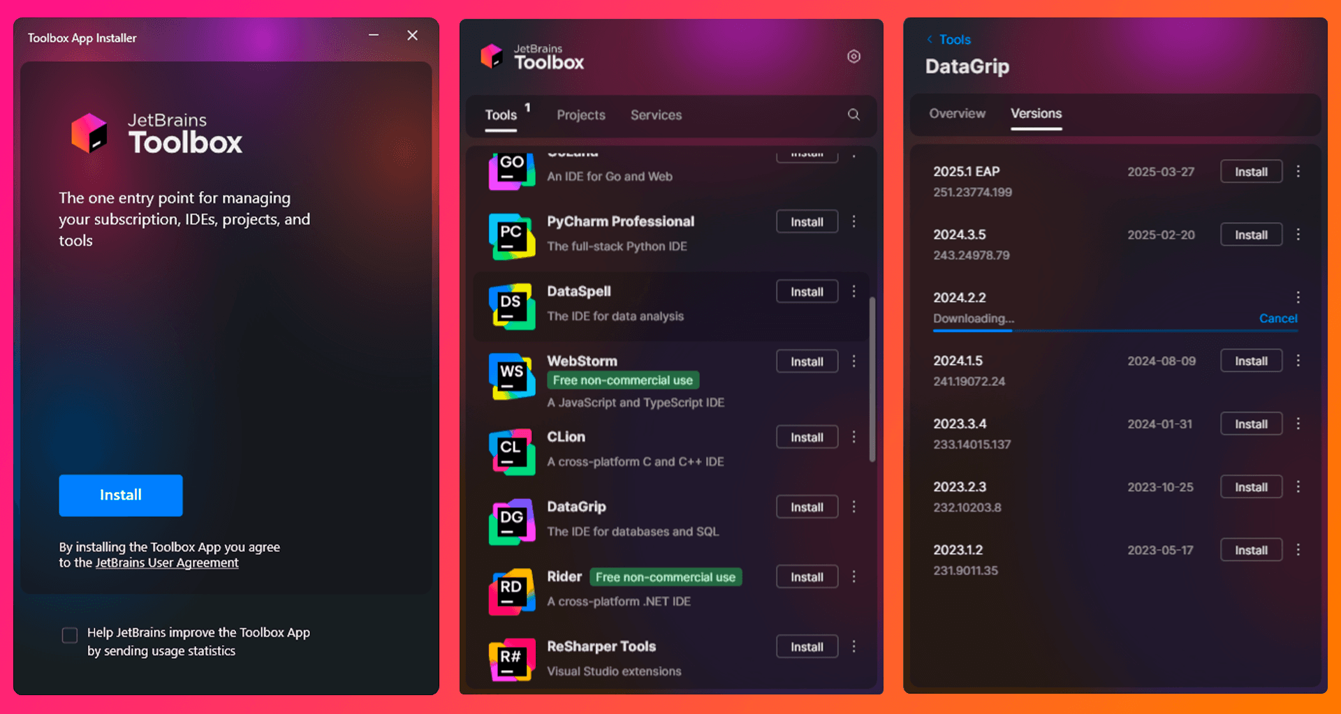 Процесс установки, через Toolbox App
