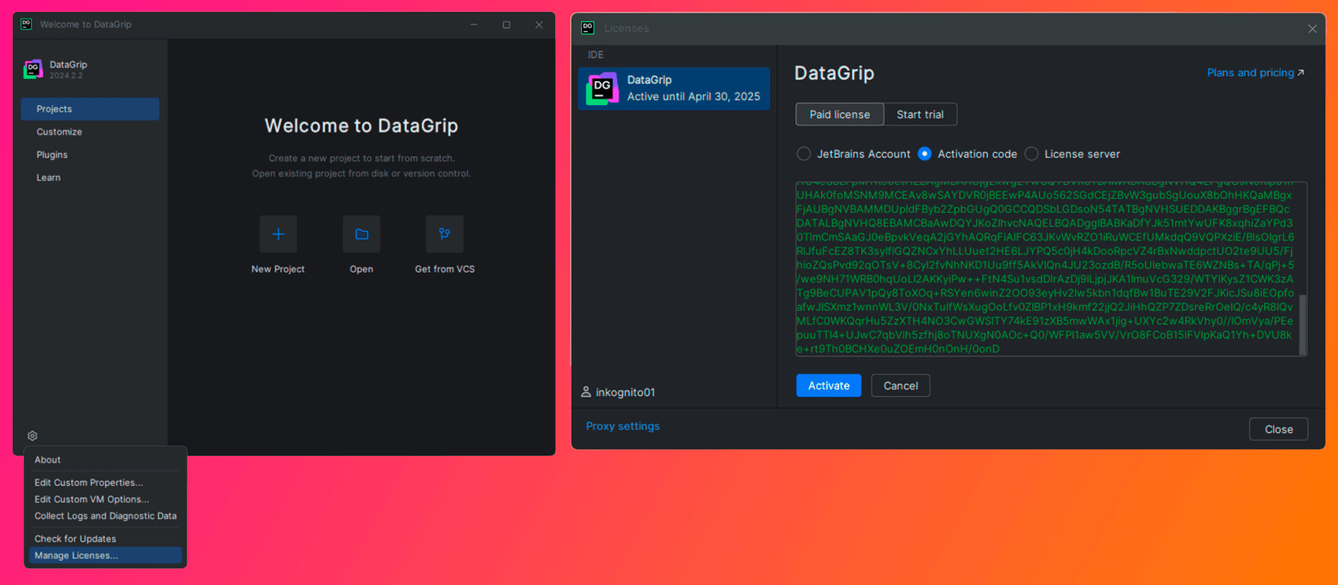 Путь к разделу управления лицензиями