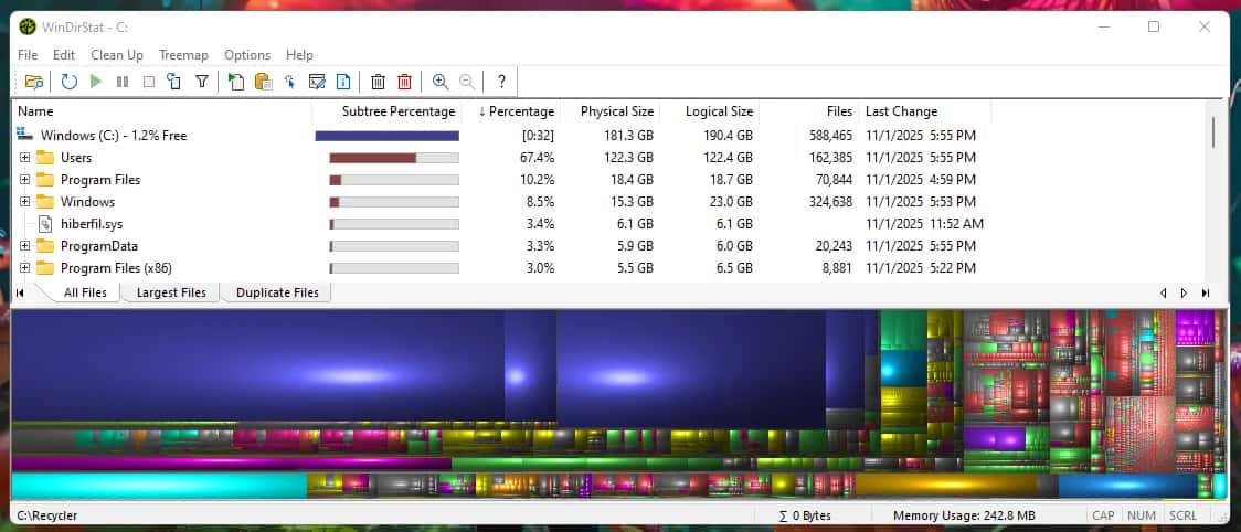Анализ папок — показывает, какие директории занимают больше всего места с учетом всего их содержимого.